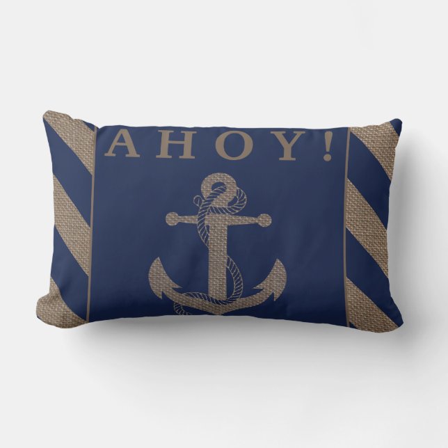 Ahoy! Nautical Anchor Navy Blue & Burlap Stripes Lumbar Pillow (Front)