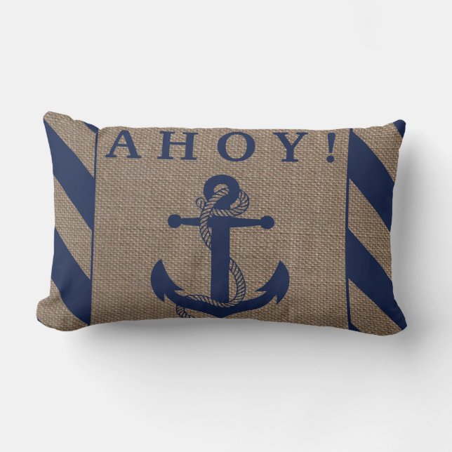 Ahoy! Nautical Anchor Navy Blue & Burlap Stripes Lumbar Pillow (Front)