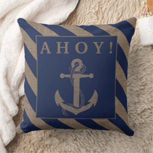 Ahoy! Nautical Anchor Navy Blue & Burlap Stripes Throw Pillow
