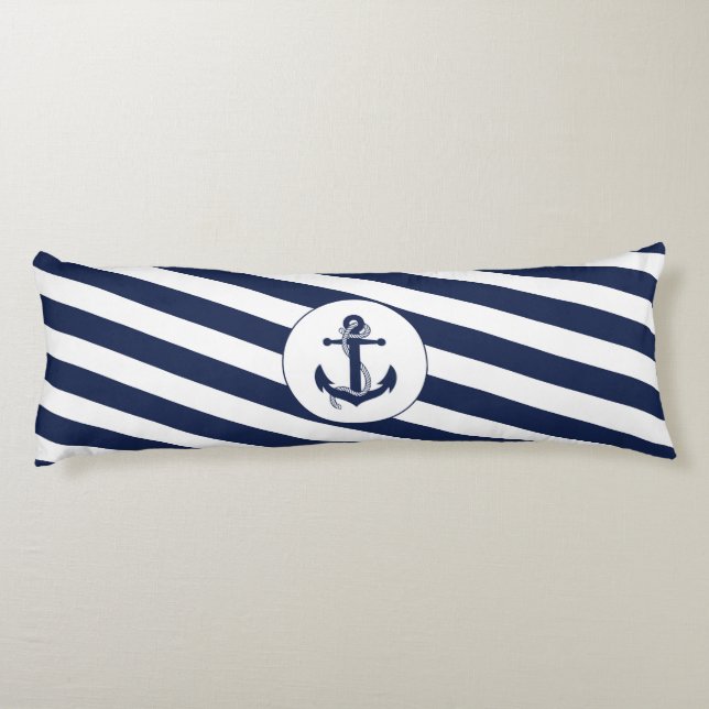Ahoy! Nautical Anchor Navy Blue & White Stripes Body Pillow (Back)