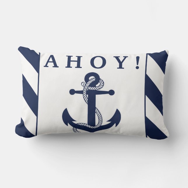 Ahoy! Nautical Anchor Navy Blue & White Stripes Lumbar Pillow (Front)