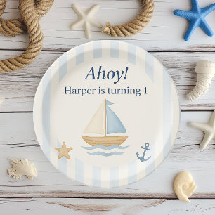 Ahoy Nautical Birthday   Blue Sailboat  Paper Plate