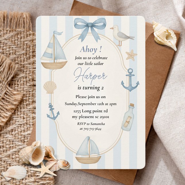 Ahoy Nautical Blue Birthday | Pastel Sailboat Invitation (Creator Uploaded)