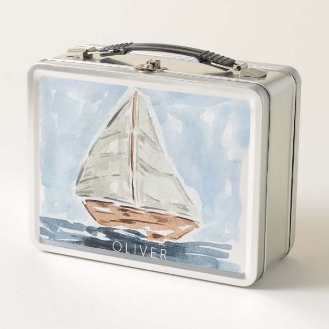 Ahoy Nautical Blue Sailboat Metal Lunch Box (Front)