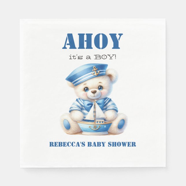 Ahoy Nautical Blue Sailor Bear Boy Baby Shower Napkin (Front)