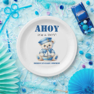 Ahoy Nautical Blue Sailor Bear Boy Baby Shower Paper Plate