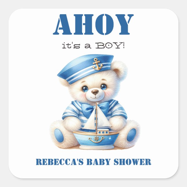 Ahoy Nautical Blue Sailor Bear Boy Baby Shower Square Sticker (Front)