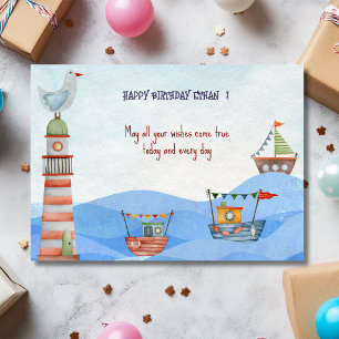 Ahoy  Nautical kids watercolor happy birthday  Card