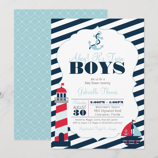Ahoy Nautical Navy Blue Twin Boy Baby Shower Invitation (Front/Back)