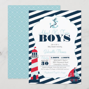 Ahoy Nautical Navy Blue Twin Boy Baby Shower Invitation