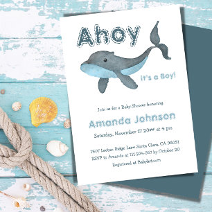 Ahoy Nautical Whale Sea Blue Boy Baby Shower Invitation