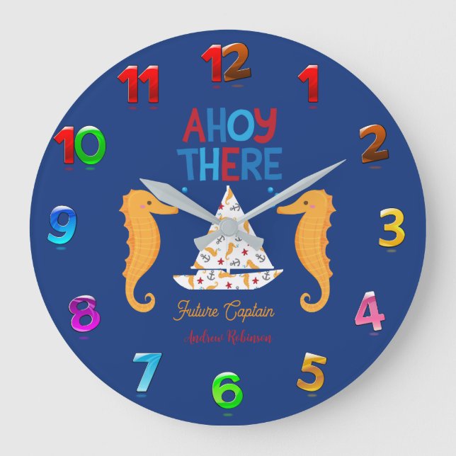 Ahoy There Future Captain Nautical Sailboat Ocean  Large Clock (Front)
