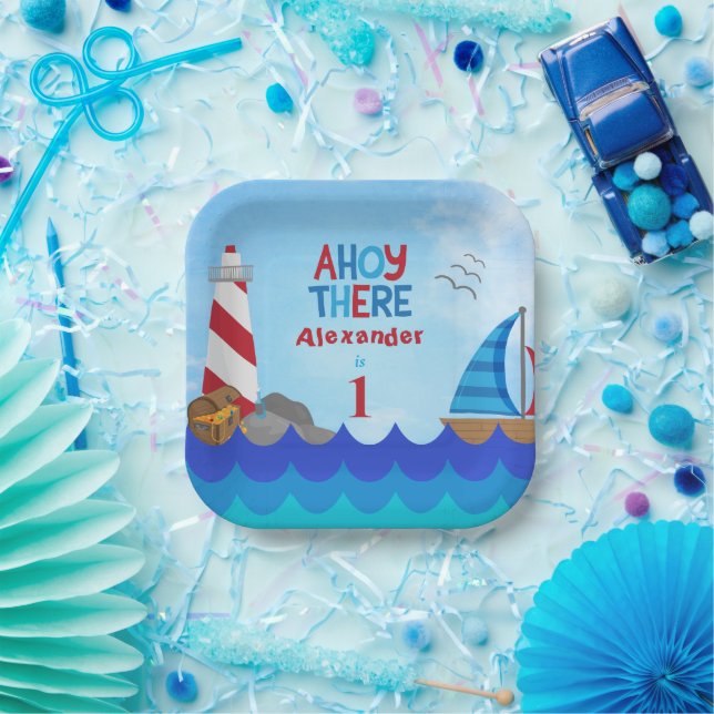"Ahoy There" Quote Lighthouse Sailboat Treasure Paper Plate (Party)