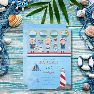 Ahoy There Red Blue White Sailors Lighthouse Boat Invitation