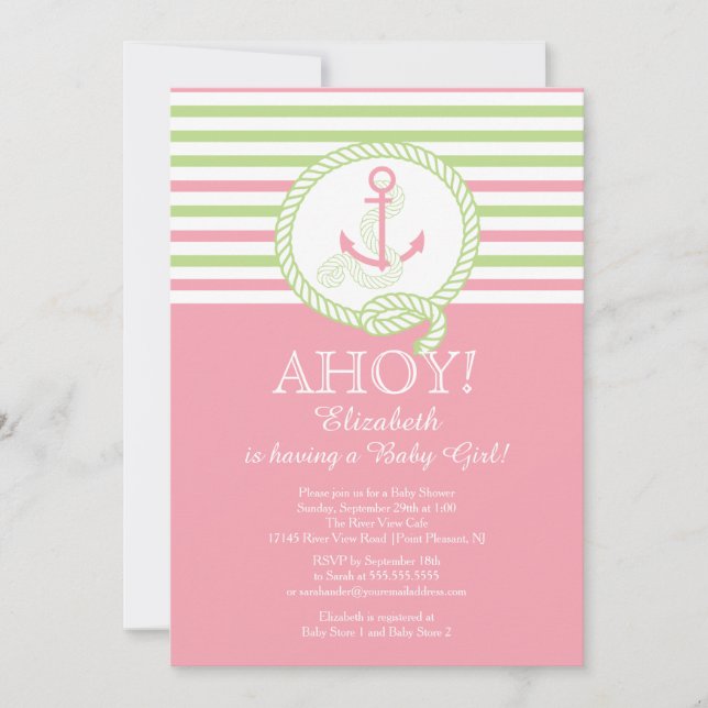 Ahoy ! Une fille Nautique Baby shower Invitation (Devant)