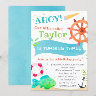 Ahoy! Watercolor Nautical Birthday Invitation