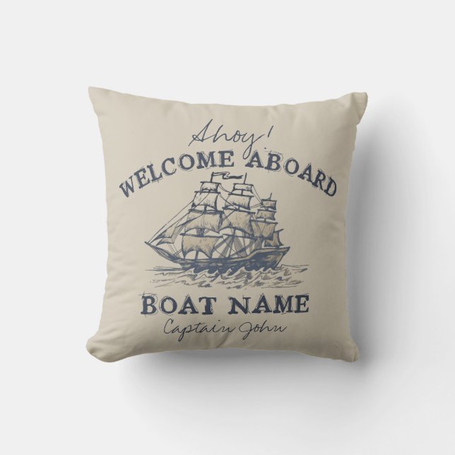 Ahoy! Welcome aboard Personalized Vintage Nautical Throw Pillow (Front)