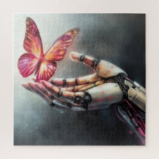 AI and Nature Harmony Robot Hand with Butterfly Jigsaw Puzzle (Vertical)