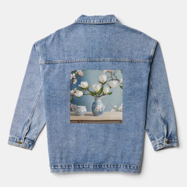 AI Art Blanc Magnolia Fleurs Denim Veste (Verso)