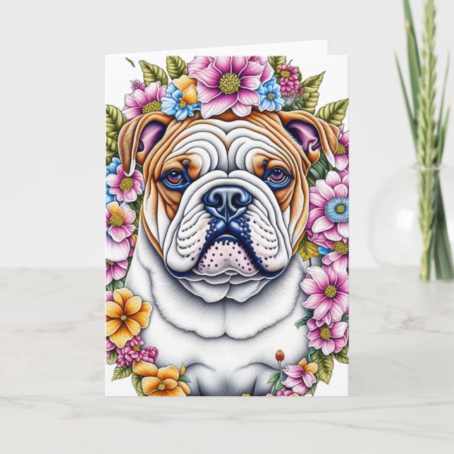 Ai Art Bulldog Surrounded by Whimsical Flowers Card (Front)