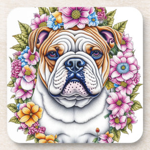 Ai Art Bulldog Surrounded by Whimsical Flowers Coaster