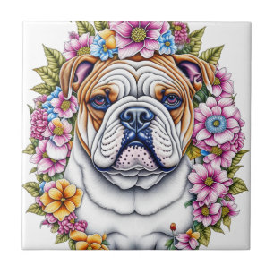 Ai Art Bulldog Surrounded by Whimsical Flowers Tile