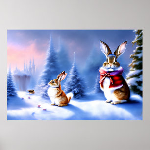 AI Art Fantasy Winterland with Lovely Rabbits Poster