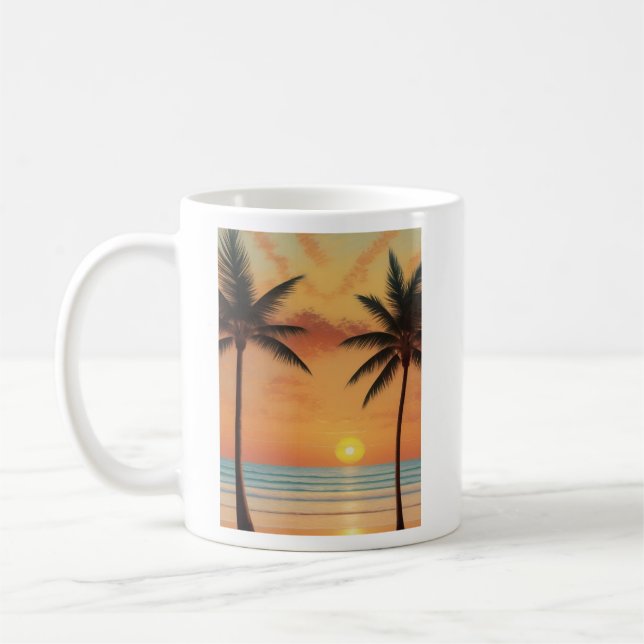 AI Art Morning Sunrise Beach Palm Trees Coffee Mug (Left)