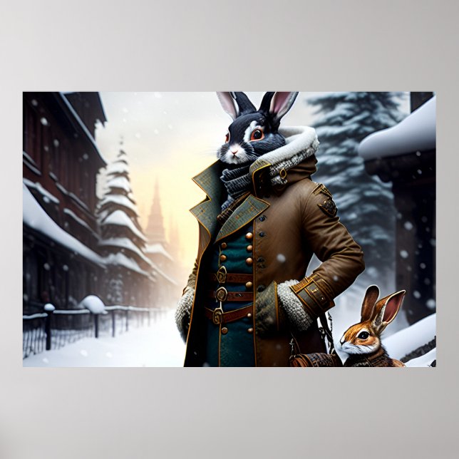 AI Art Rabbit Explorer With Its Son in a Snow City Poster (Front)