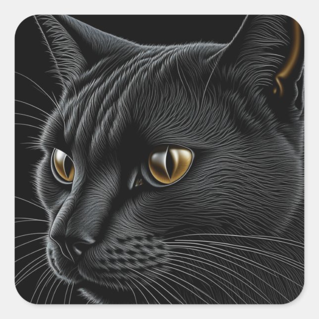 AI Black Cat with Yellow Eyes Square Sticker (Front)