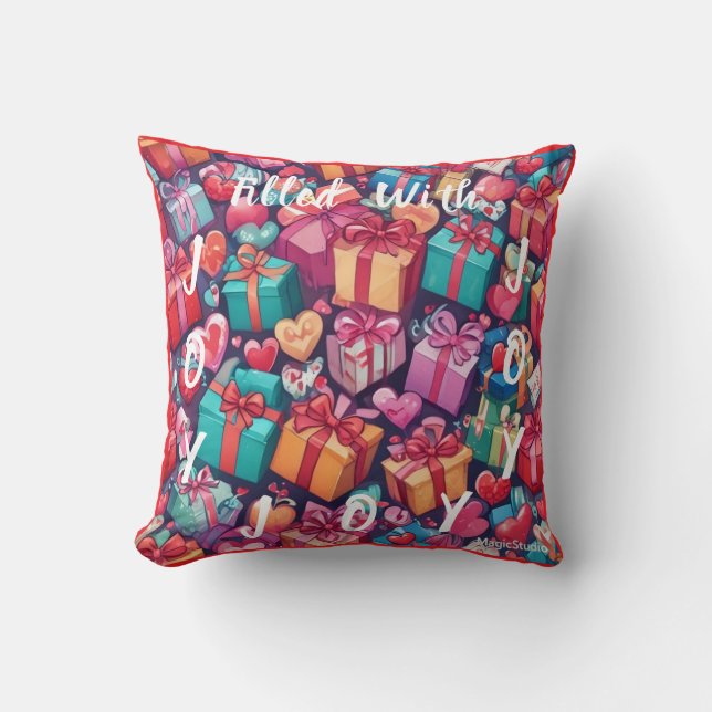 AI Filled With Joy Gifts and Hearts Throw Pillow (Front)