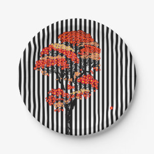 AI Flowers Tree on Black and White Vertical Stripe Paper Plate