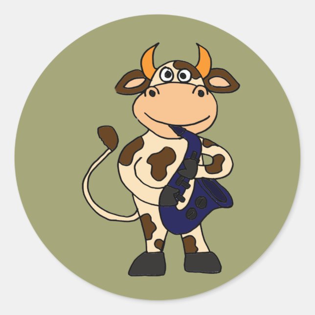 AI- Funny Cow Playing Saxophone Cartoon Classic Round Sticker (Front)