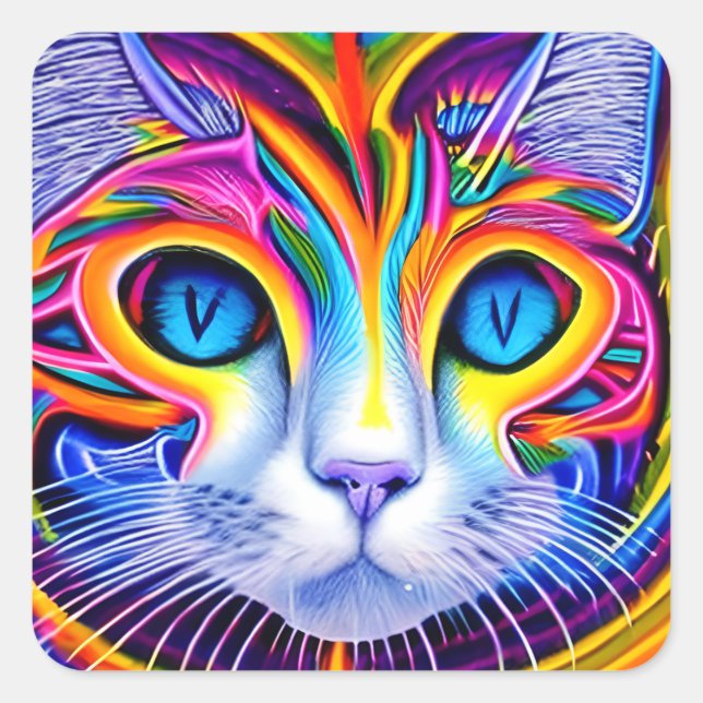 AI Generated Artsy Cool Blue Eyed Abstract Cat Square Sticker (Front)
