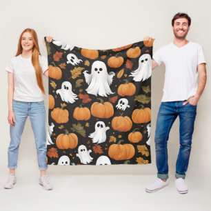AI Generated Ghost And Pumpkin Halloween Fleece Blanket