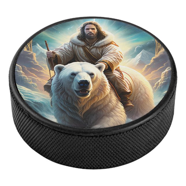 (AI Generated ) Jesus on a polar bear  Hockey Puck (3/4)