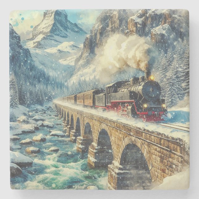 AI Generated Steam Engine Train Stone Coaster (Front)