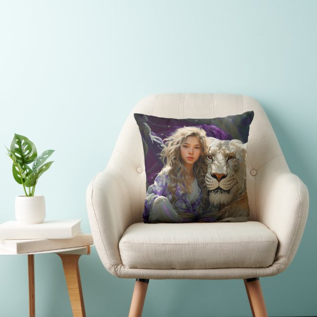 Ai Girl and Ai Lion Throw Pillow (Chair)