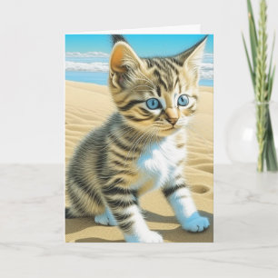 AI Grey Tabby Kitten Playing on a Beach Card