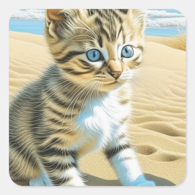 AI Grey Tabby Kitten Playing on a Beach  Square Sticker (Front)