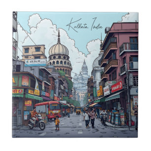 Ai Illustration of Kolkata, India Tile