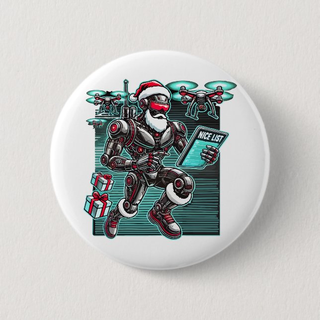 AI Powered Santa Robot with Drones and Christmas L 2 Inch Round Button (Front)