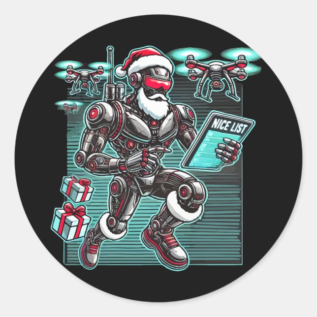 AI Powered Santa Robot with Drones and Christmas L Classic Round Sticker (Front)