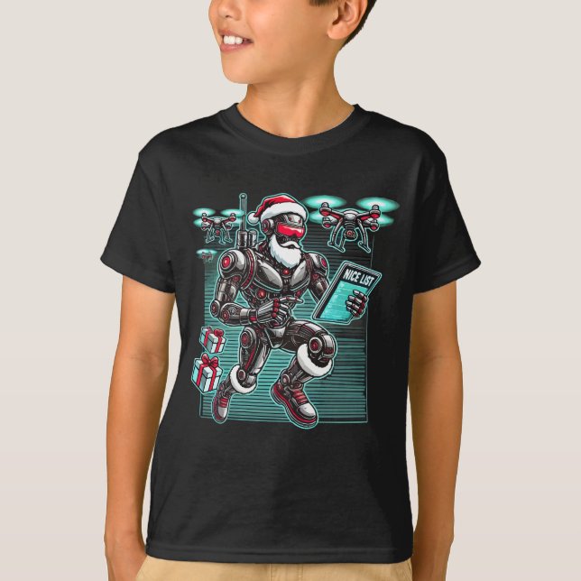AI Powered Santa Robot with Drones and Christmas L T-Shirt (Front)