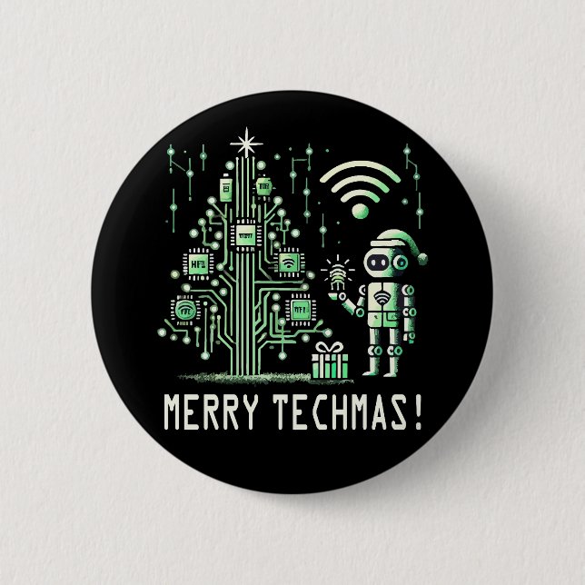 AI Robot with Tech Christmas Tree – Merry Techmas 2 Inch Round Button (Front)