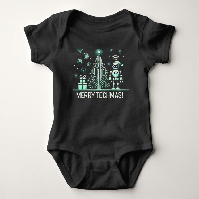 AI Robot with Tech Christmas Tree – Merry Techmas Baby Bodysuit (Front)