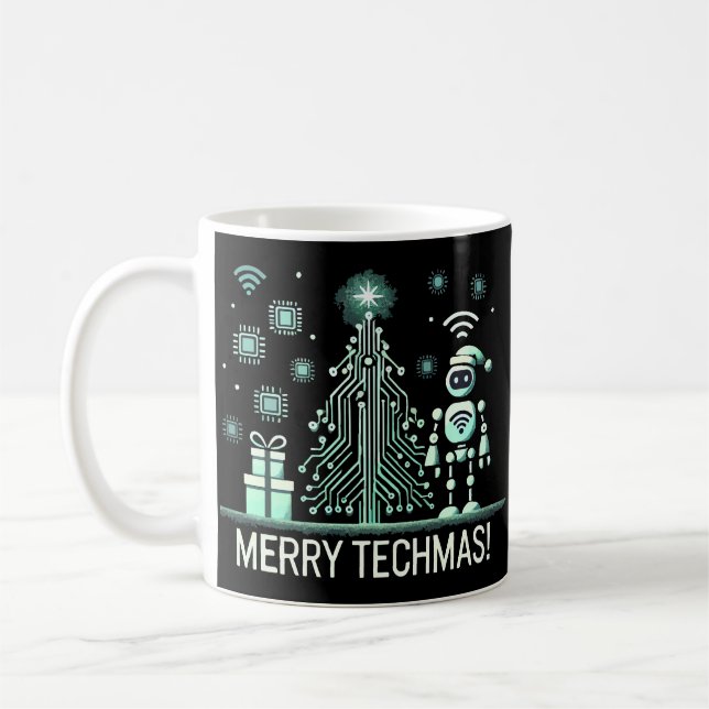 AI Robot with Tech Christmas Tree – Merry Techmas Coffee Mug (Left)