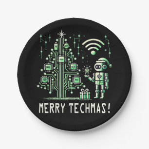 AI Robot with Tech Christmas Tree – Merry Techmas Paper Plate