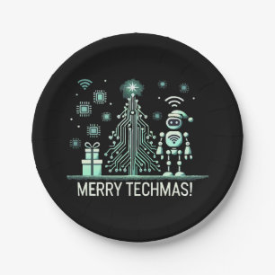 AI Robot with Tech Christmas Tree – Merry Techmas Paper Plate