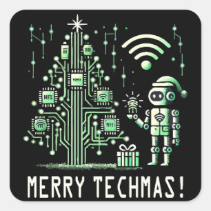 AI Robot with Tech Christmas Tree – Merry Techmas Square Sticker